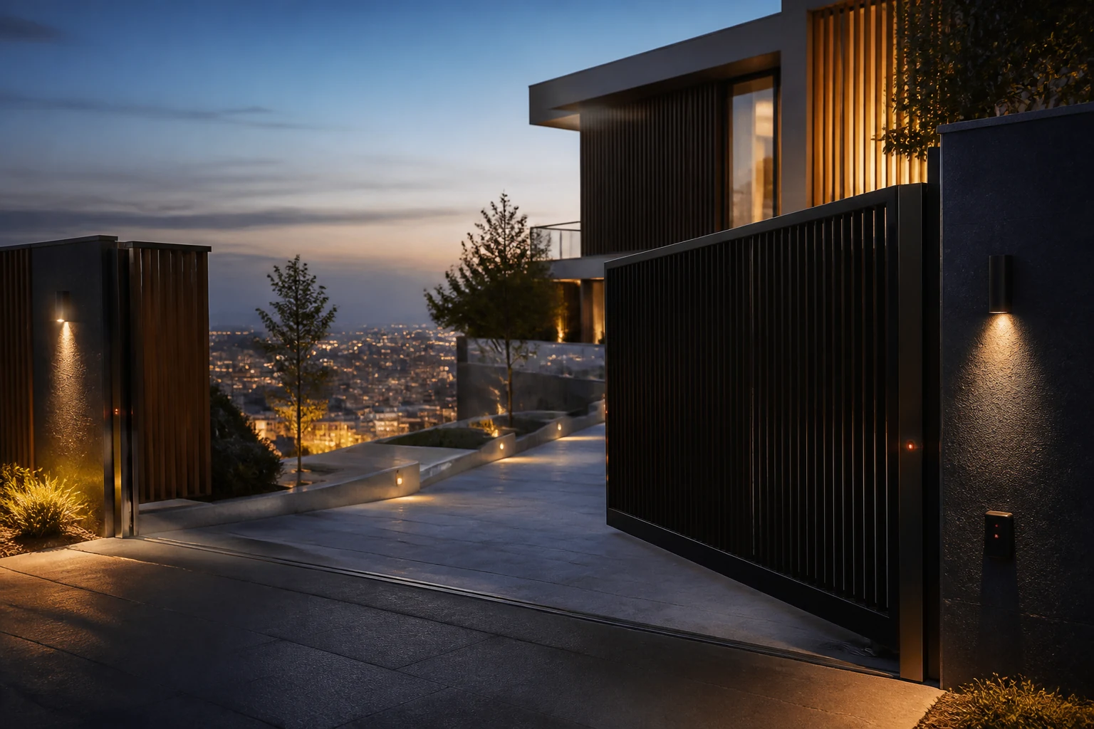 Black architectural automatic gate at an Istanbul hillside home at blue hour