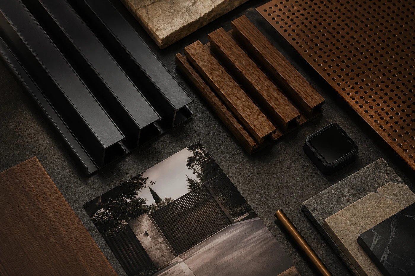 Architectural gate material samples on a charcoal studio table