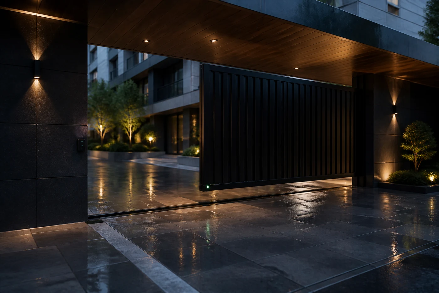 Cantilever automatic gate at a refined Istanbul courtyard after rain